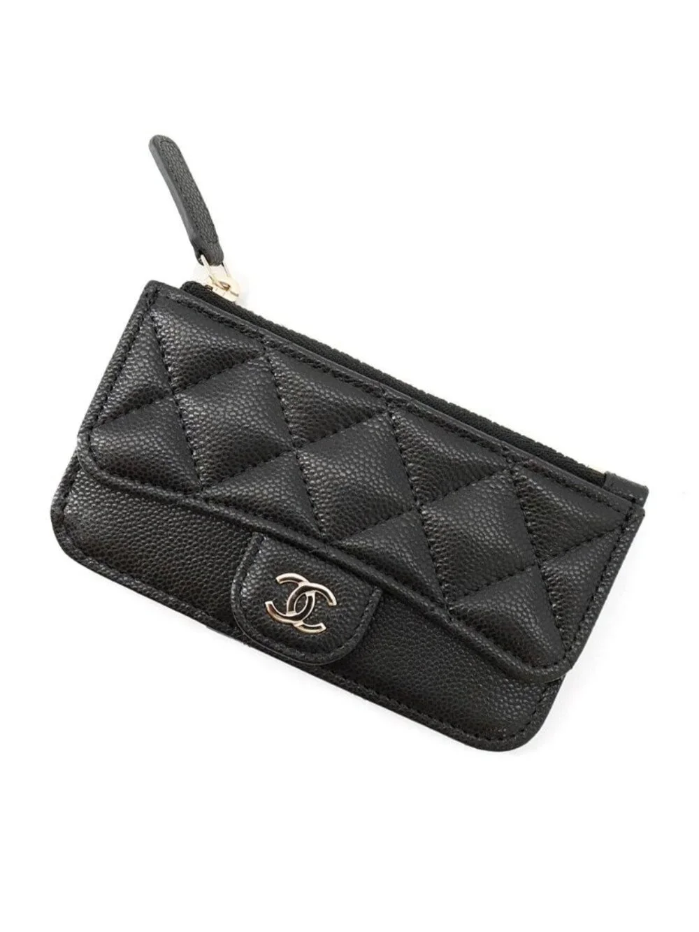 Chanel Card Case CC Logo Quilted Classic Zip Caviar Leather Black